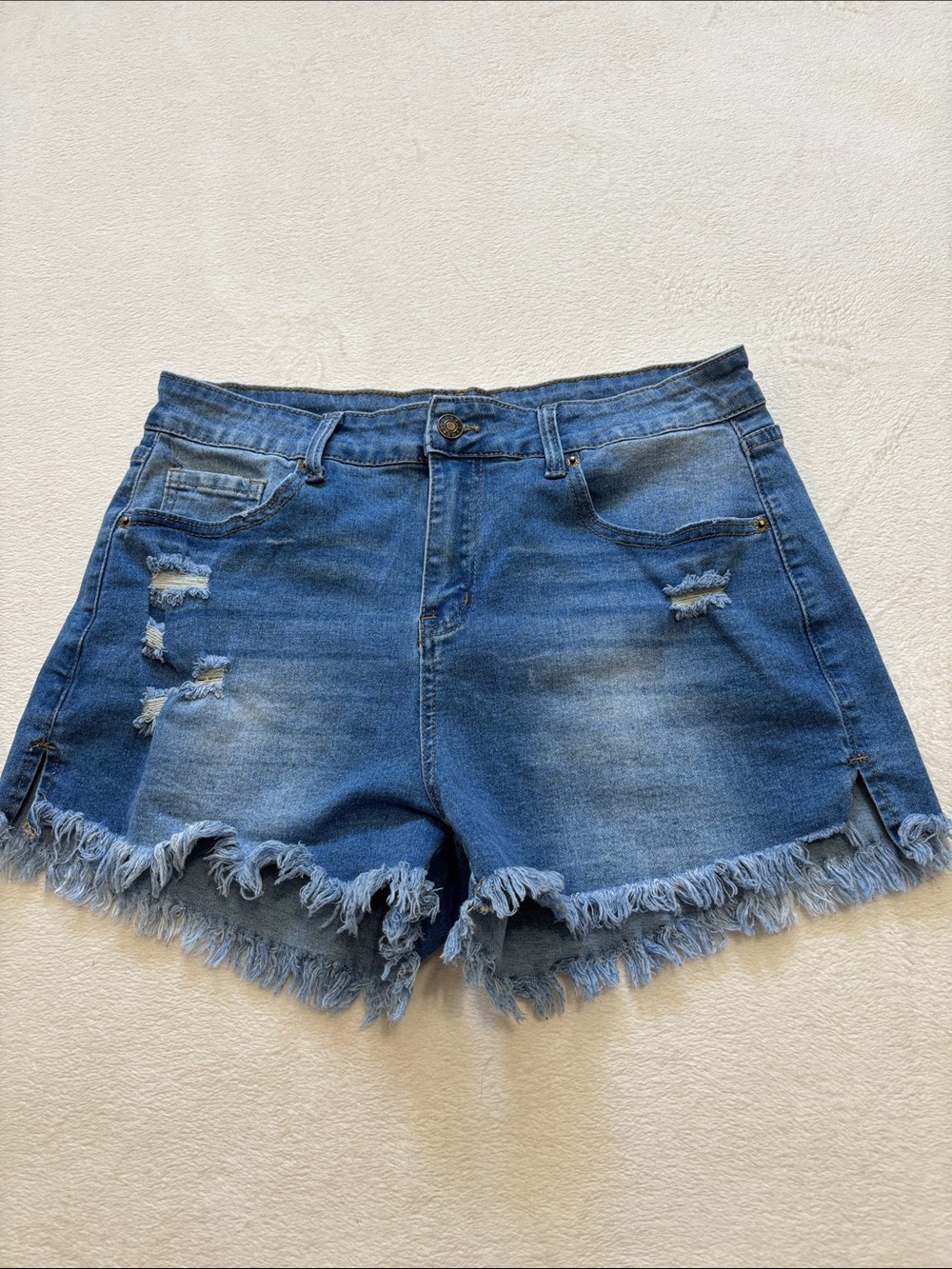 Distressed Blue Denim Jean Shorts with Frayed Hem